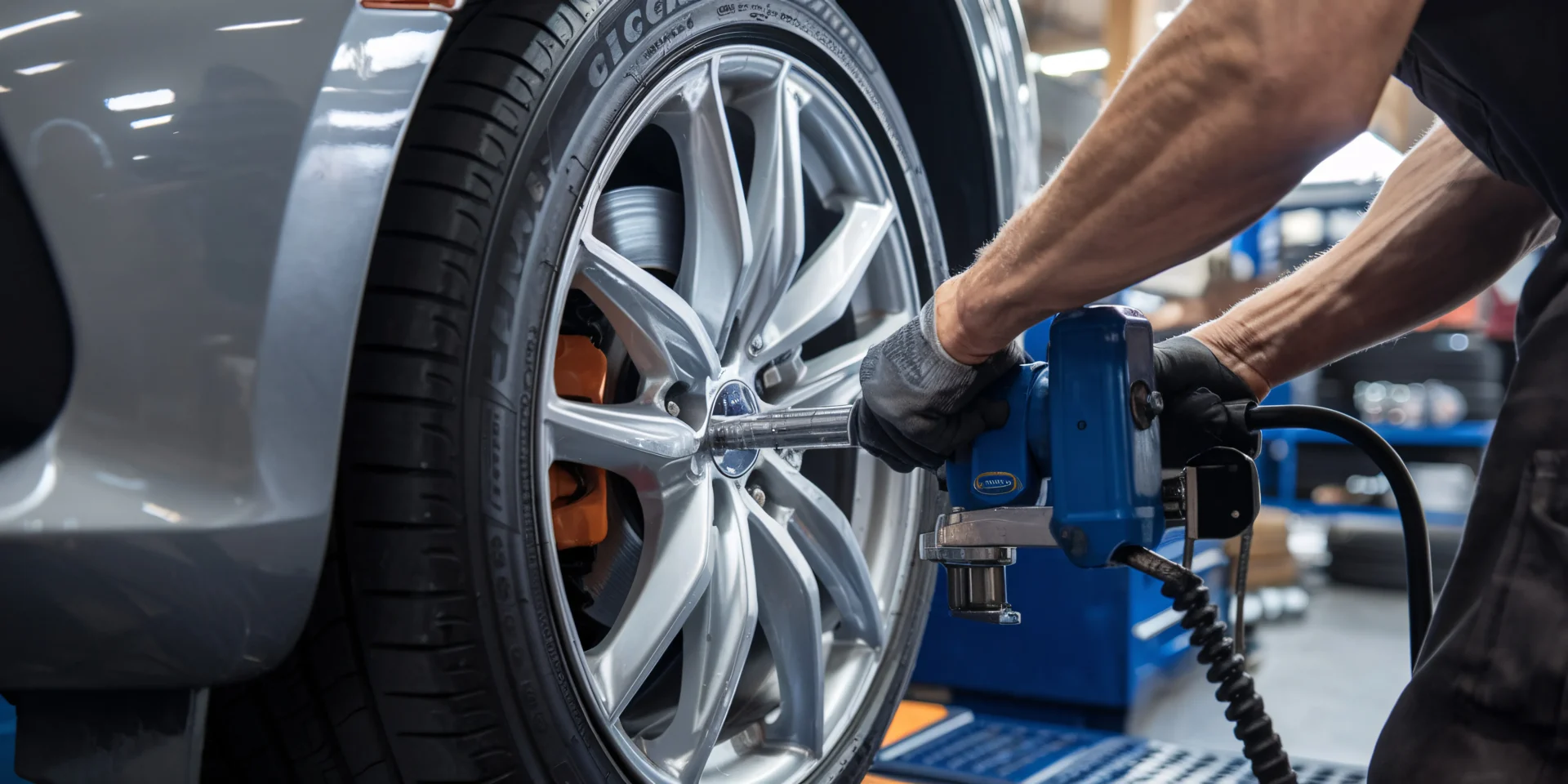 自動車のタイヤ交換作業中に空気圧インパクトレンチを使用するメカニック