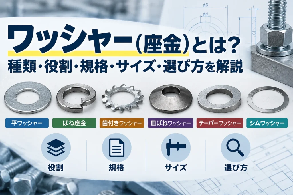 平ワッシャー・ばね座金・歯付きワッシャー・皿ばねワッシャー・テーパーワッシャー・シムワッシャーの種類と役割を比較した図