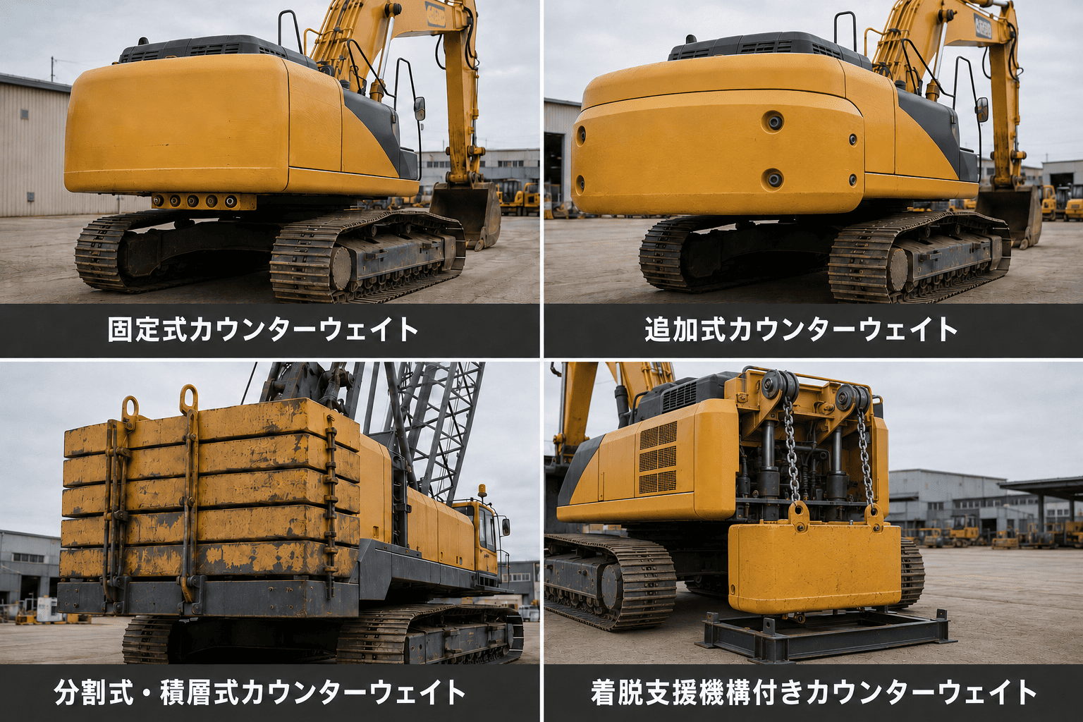 建設機械の固定式、追加式、分割式・積層式、着脱支援機構付きカウンターウェイトの比較